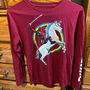Burgundy Deadpool on a unicorn shirt